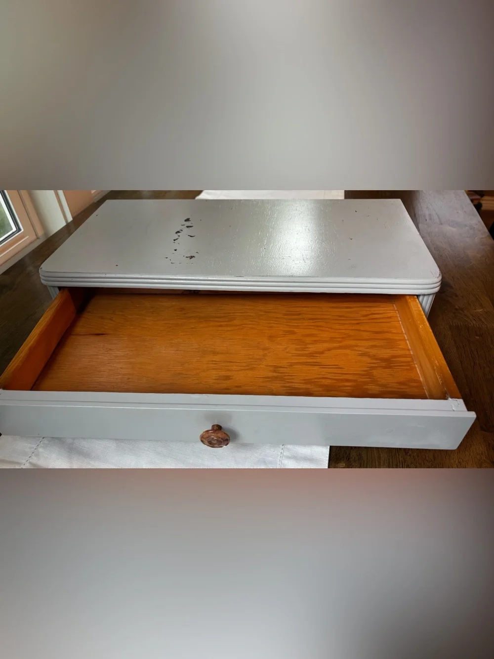 Vintage Wooden Storage Drawer with Blue Gray Finish and Decorative Knob